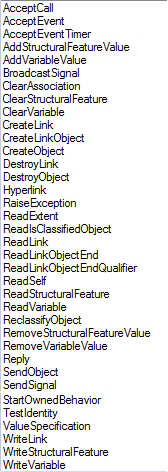 A drop-down list of Action types available for selection in Sparx Systems Enterprise Architect.