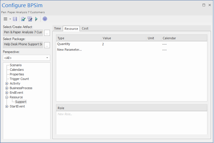 BPSim dialog for configuration of available resources in Enterprise Architect