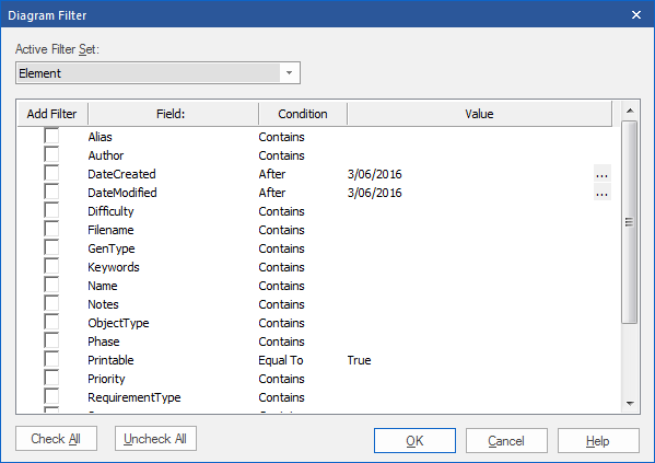 The Diagram Filter dialog allows you to define the values that will not be filtered from a diagram.