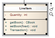 A UML Class element in Sparx Systems Enterprise Architect showing its name selected for in-place editing tasks.