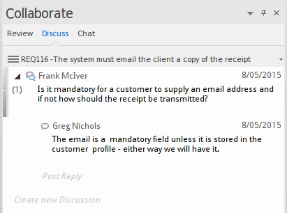 The Element Discussion facility can be used to discuss requirements, in Sparx Systems Enterprise Architect.