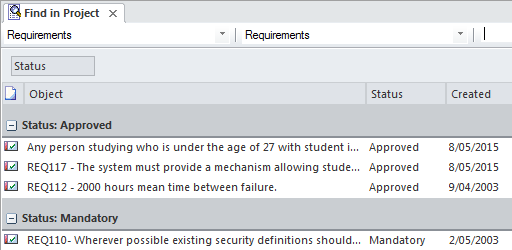 Grouping by requirement status in a project search, in Sparx Systems Enterprise Architect.