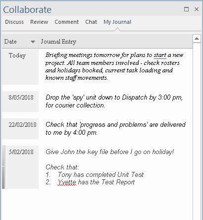 The Journal page of the Collaborate window in Sparx Systems Enterprise Architect.