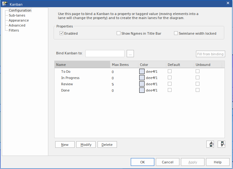 Configuring lanes for a Kanban Diagram in Sparx Systems Enterprise Architect.