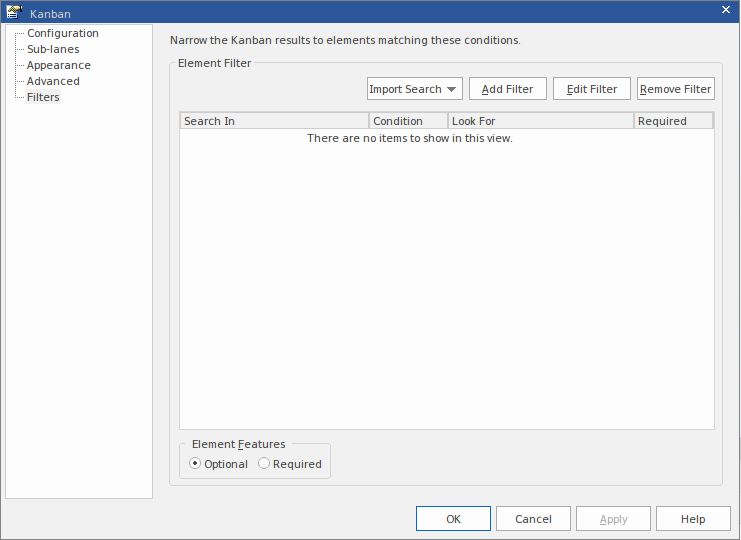 Setting filters on a Kanban Diagram in Sparx Systems Enterprise Architect.