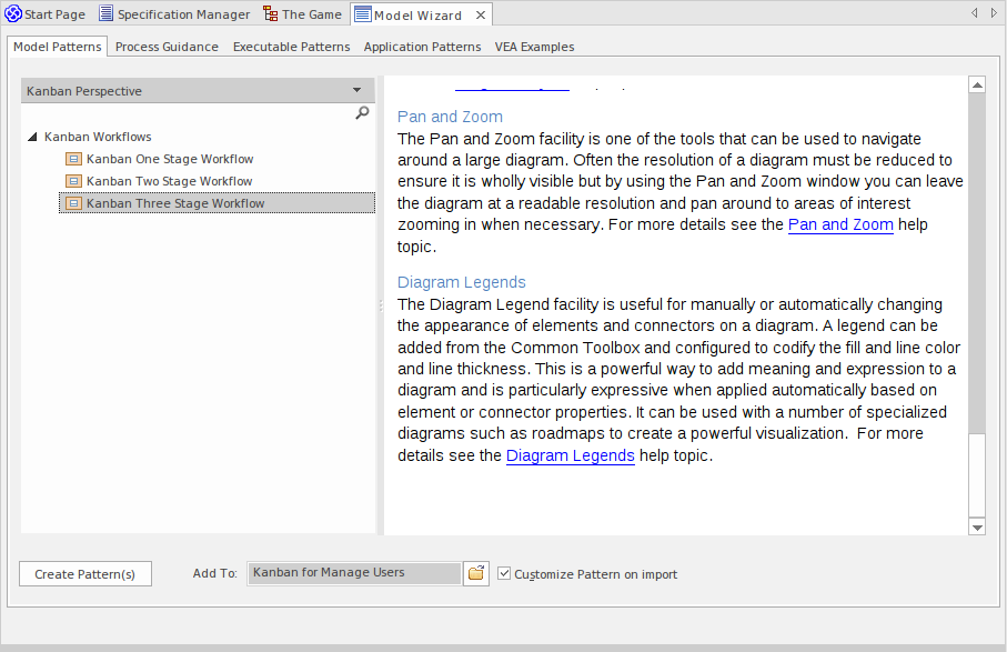 Model Wizard patterns are a quick way of creating two-stage workflow, three-stage workflow, and four-stage workflow Kanban Diagrams in Sparx Systems Enterprise Architect.
