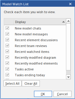 Configuring a model watch list in Sparx Systems Enterprise Architect.