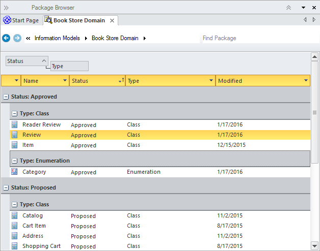 Viewing classes in the Package Browser list view in Sparx Systems Enterprise Architect.