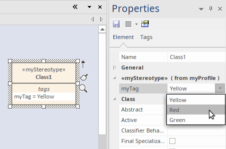 A UML Class diagram that shows a stereotyped class with a tagged value that is defined as an enumeration.  The Tagged Value can be set in the tagged values docked window, in Sparx Systems Enterprise Architect.