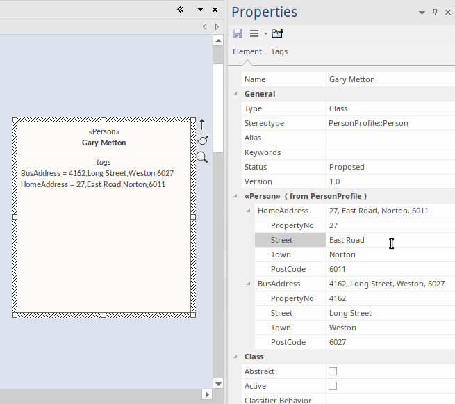 A UML Class diagram showing use of a stereotype with structured Tagged Values in Sparx Systems Enterprise Architect.