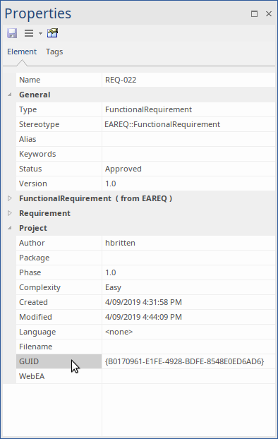 Showing the GUID of a Requirement element in the Element Properties window, in Sparx Systems Enterprise Architect.