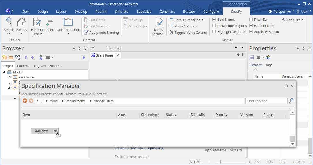 The initial (emtpy) view of the Specification Manager in Sparx Systems Enterprise Architect.