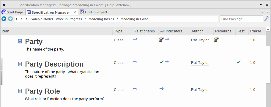 A view of the Specification Manager in Sparx Systems Enterprise Architect.