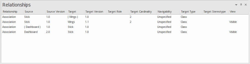 Using the Relationships window to trace Time Aware Modeling dependencies, in Sparx Systems Enterprise Architect.