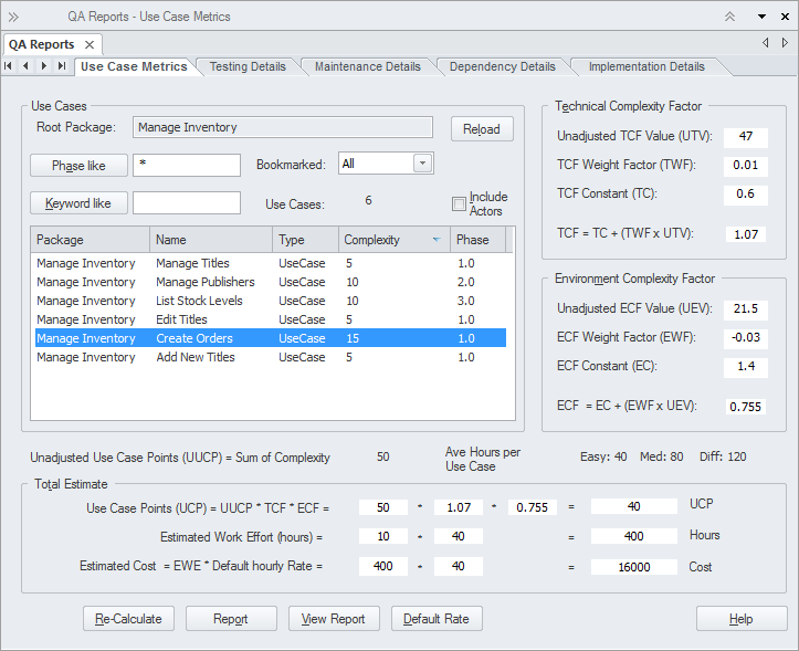 Use case metrics report in Sparx Systems Enterprise Architect.