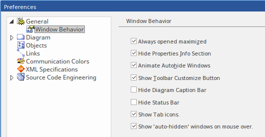 Windows Behavior page of the User Preferences dialog in Sparx Systems Enterprise Architect.